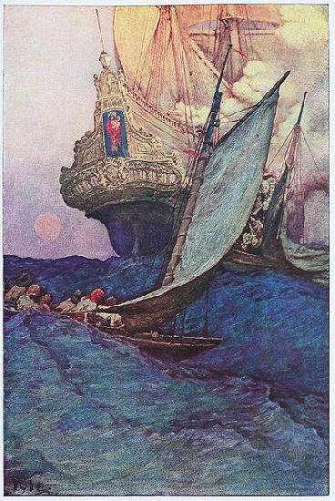 Howard Pyle An Attack on a Galleon: illustration of pirates approaching a ship oil painting image